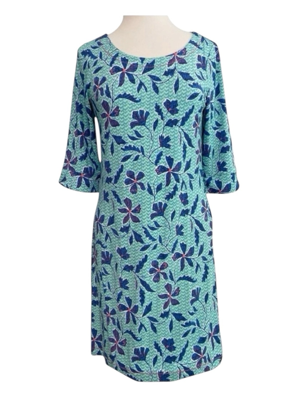 Hatley NWT Lucy dress Batik flowers turquoise blue V neckline 3/4 sleeves medium